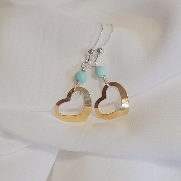 Turquoise ~ 14K YG Vintage Heart and Sterling Silver Earrings - Picture 6 of 14